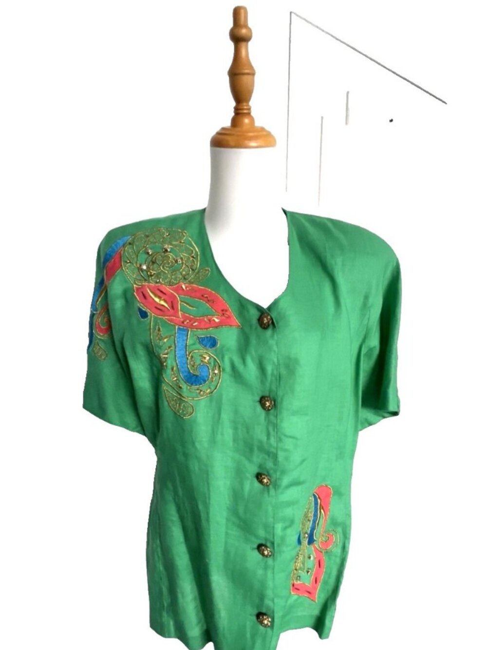 ANN GERLIN Women's Size 12 Embroidered Appliqué Shirt Green Y2K 100% Ramie Linen